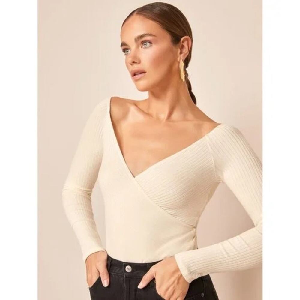 Reformation Minnie Ivory V-Neck Wrapped Knit Long Sleeve Ribbed Sweater Top XS
